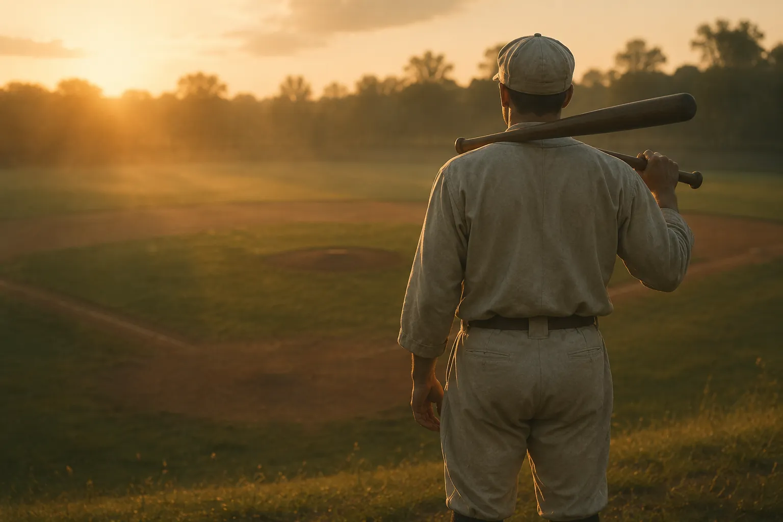 Campo dos Sonhos na incorporação — jogador de uniforme de flanela vintage olhando um campo de beisebol vazio ao pôr do sol